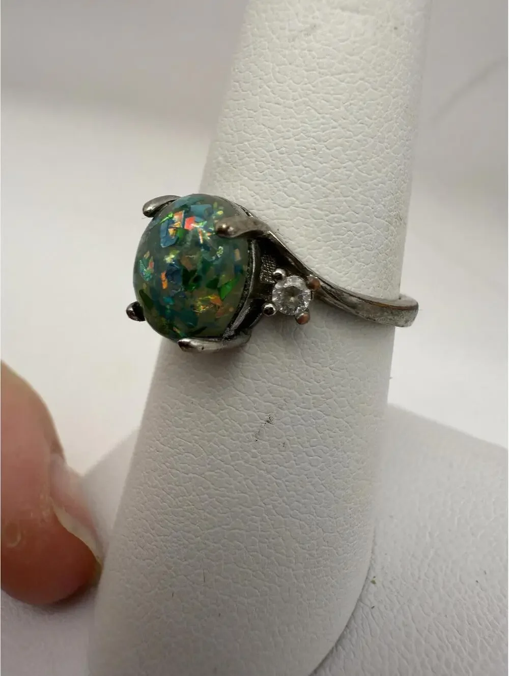 Silver Ring with Multicolor Opal-like Stone and Side Accents Size 7